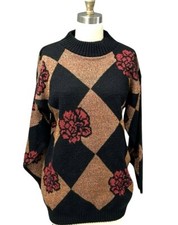 VTG 80s Dana Scott Harlequin Rose Sweater Dress Black Copper Red Statement L