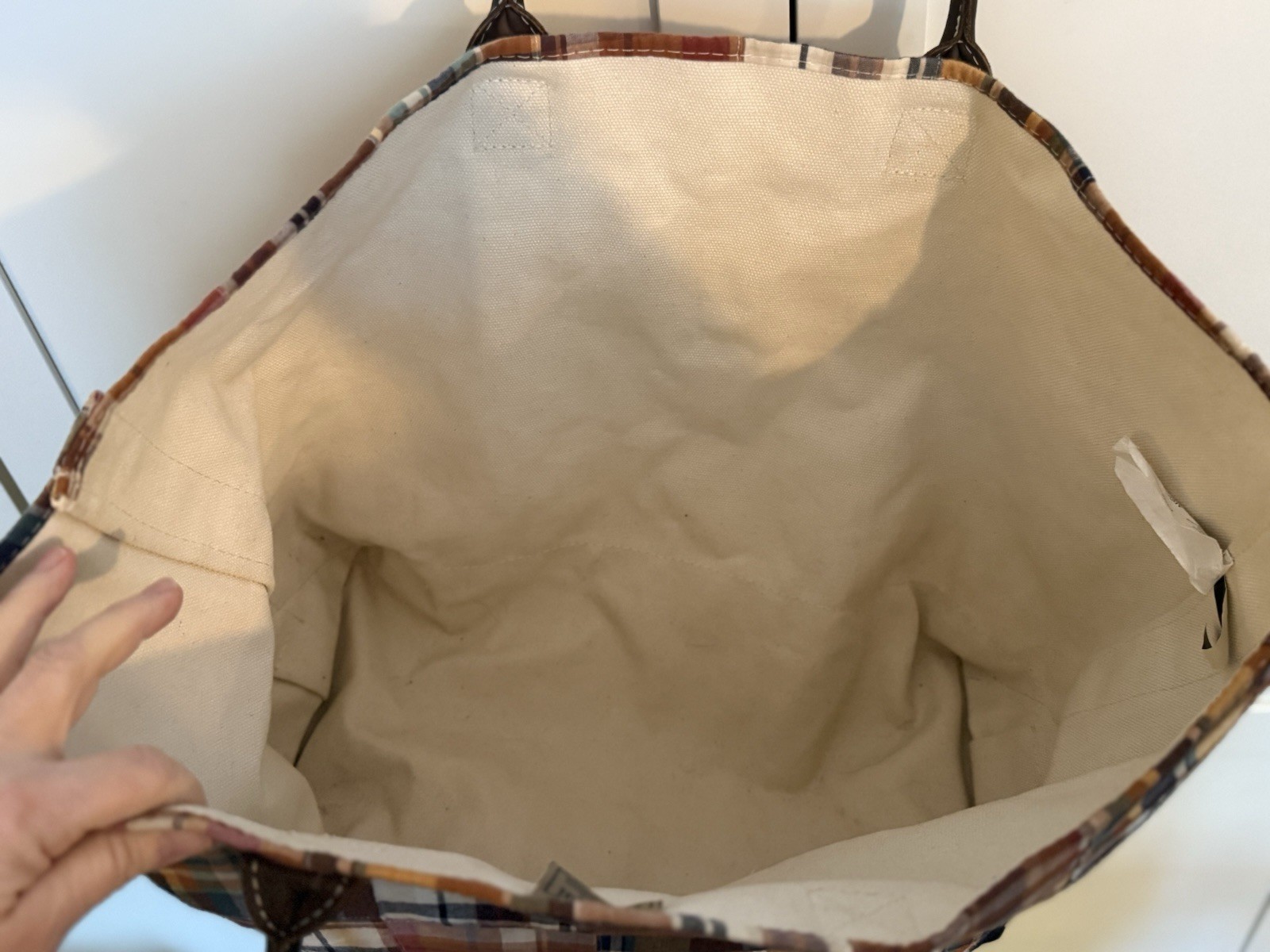 LL BEAN Plaid Patchwork Leather Handle LARGE Tote… - image 4
