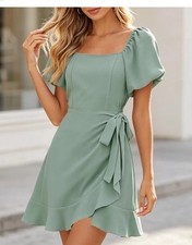 Trixxi Green Solid Wrap Short Dress Square Neck Puff Sleeve Ruffle Hem Zip M