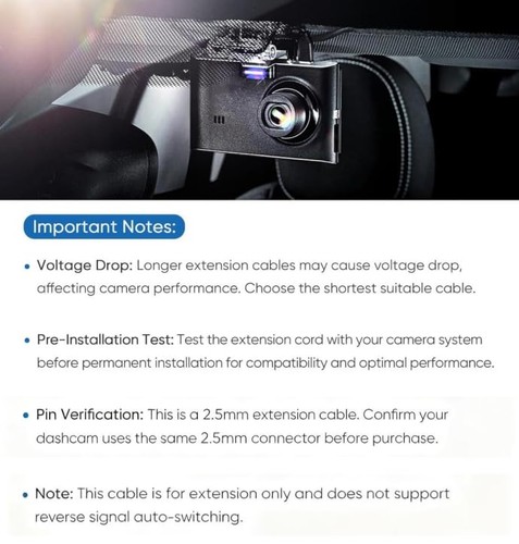 YQMAJIM 2.5mm Dash Cam Rear View Camera Extension Cable, (6Ft 6 feet, Black  - Picture 9 of 9