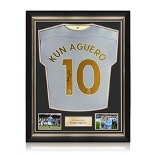 Sergio Aguero Signed Manchester City 2020-21 Home Football Shirt. Superior Frame
