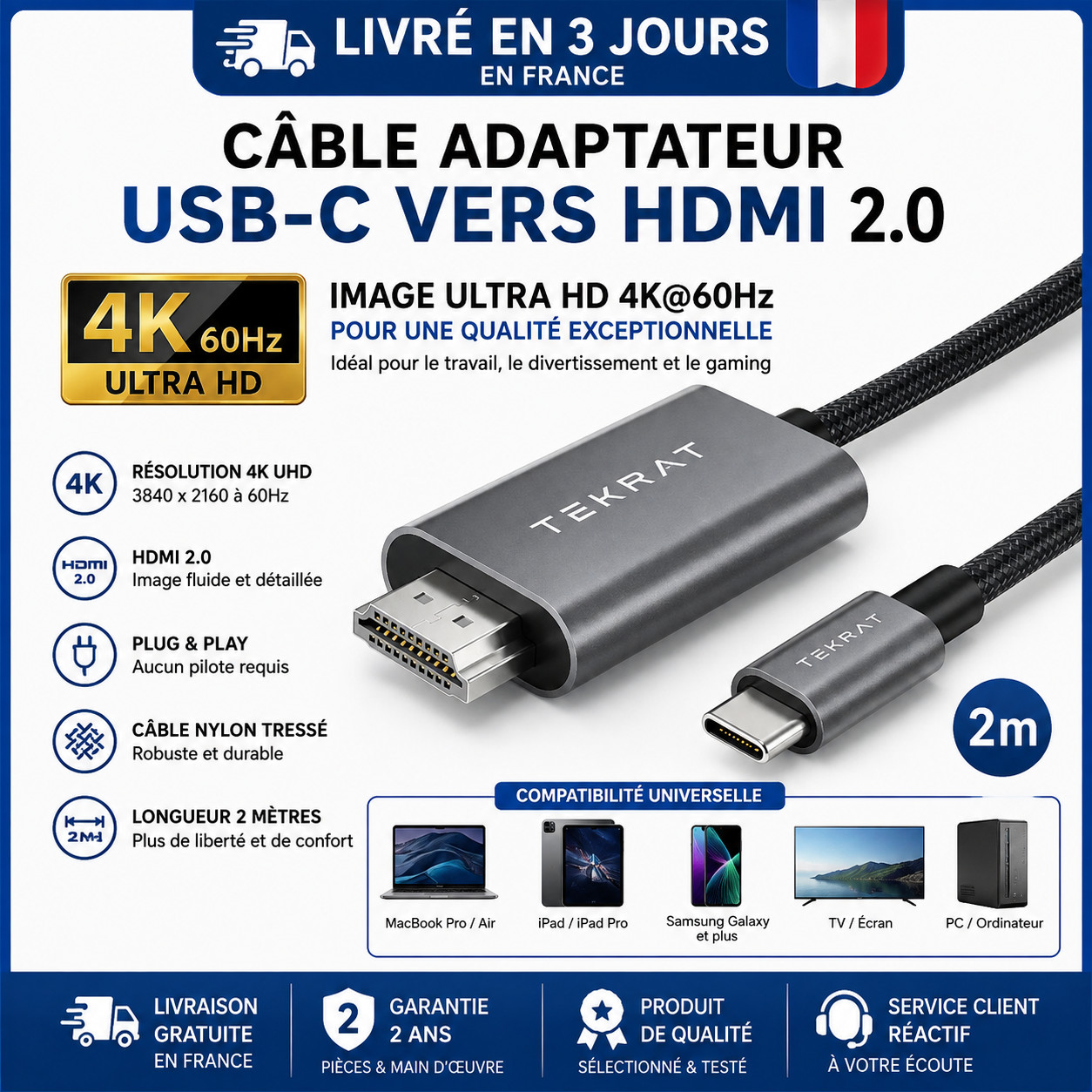 Câble Adaptateur USB-C vers HDMI 4K UHD 2m - MacBook Pro, iPad, Samsung-TV-PC