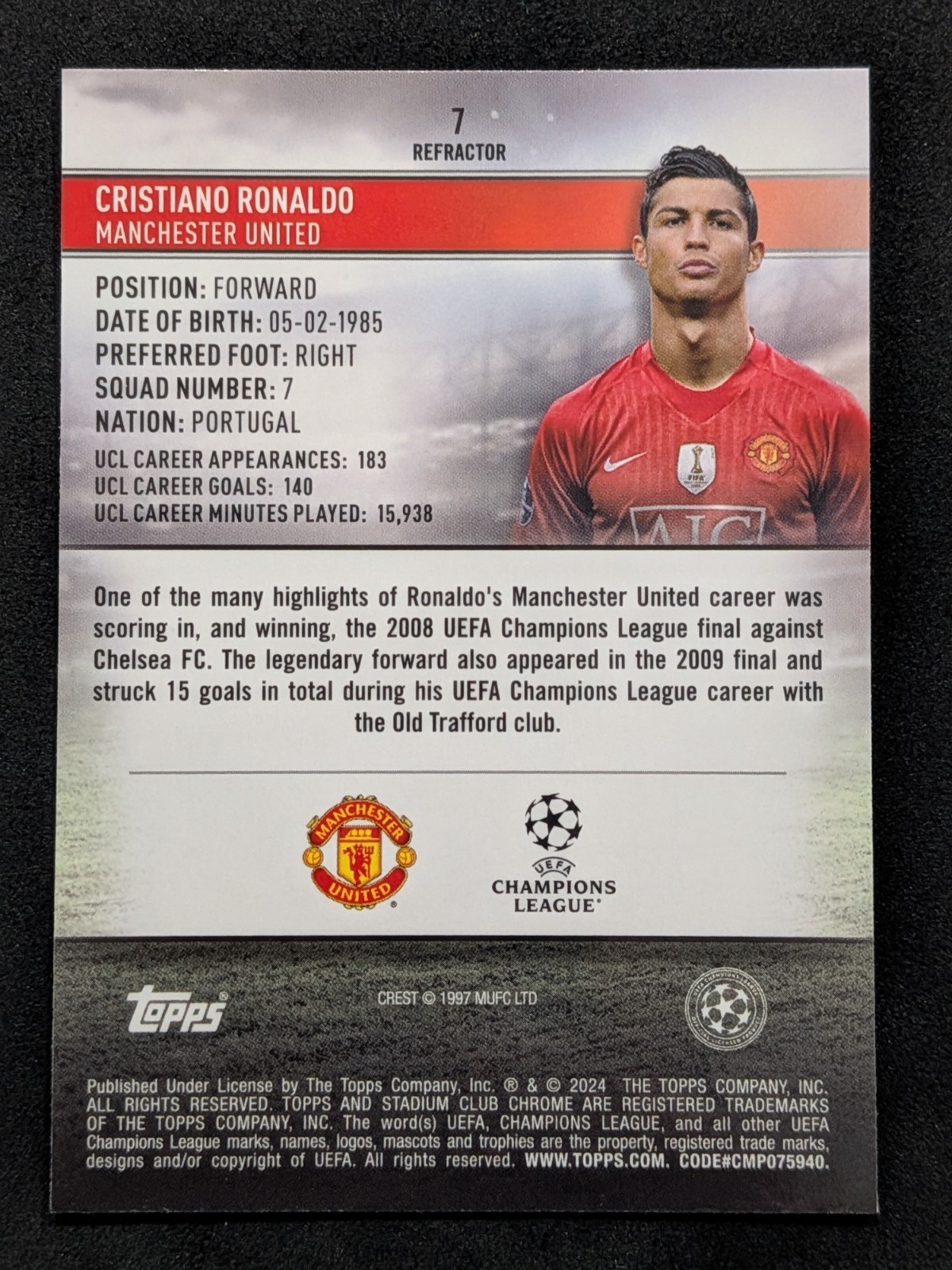 Cristiano Ronaldo 2023-24 Topps Stadium Club Chrome UEFA Refractor #7 view 2