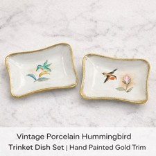Vintage Porcelain Hummingbird Trinket Dish Set | Hand Painted Gold Trim