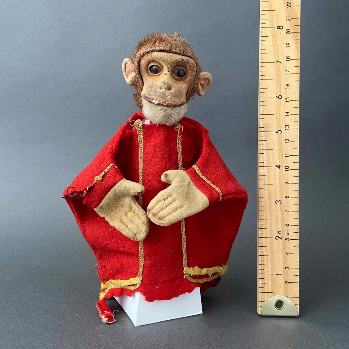 Rare SCHUCO Bellhop Monkey Hand Puppet ~ 1920s NEEDS TLC Tin Faced