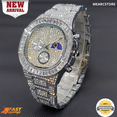 Luxury Moonphase Hip Hop King Bling Ice out Men's Watch Iced Baguette Cz Diamond