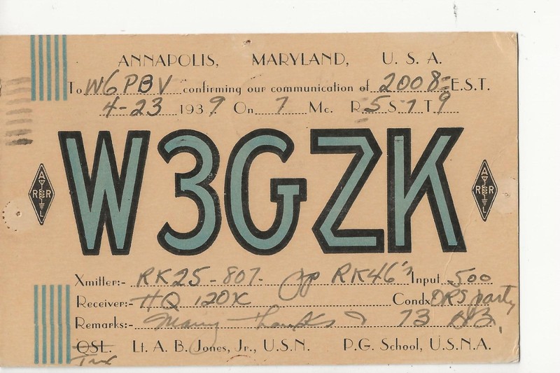 1939  W3GZK  U.S. Naval Academy Annapolis Maryland    QSL radio postcard