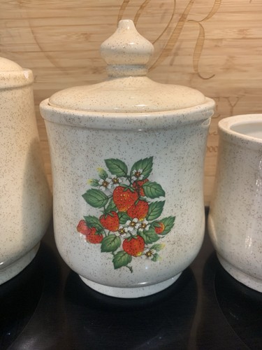 Vintage 70s/80s Strawberry Fields Stoneware Ceramic Canister Set Some Chipping - Picture 3 of 19