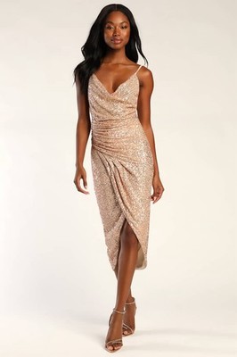 Lulus Glamorous Arrival Rose Gold Sequin Midi Tulip Dress Size Medium