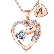 Unicorn Necklace Gifts for Kids Girls - Colorful CZ Heart Initial Necklaces U...