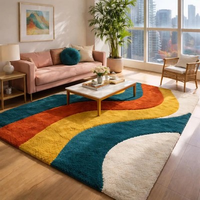 Handmade Wavy Shag Rug Teal Orange Mid Century Hand Tufted Living Room Carpet6x9