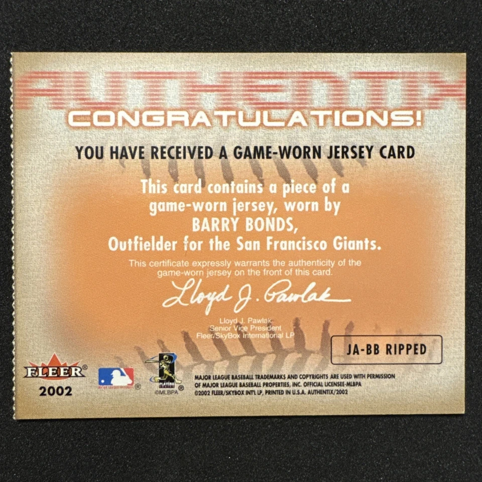 Reliquia de murciélago rasgado Barry Bonds 2002 Fleer Authentix #BA-BB Foto 2 de 4