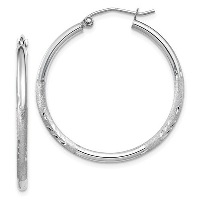 10k White Gold Satin and 2mm Round Hoop Earrings 1.51g L-30mm, W-2mm for Mom