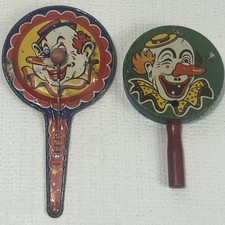 Lot 2 Vintage Clown Noisemakers Kirchhof US Metal Toy Working Tin Clacker