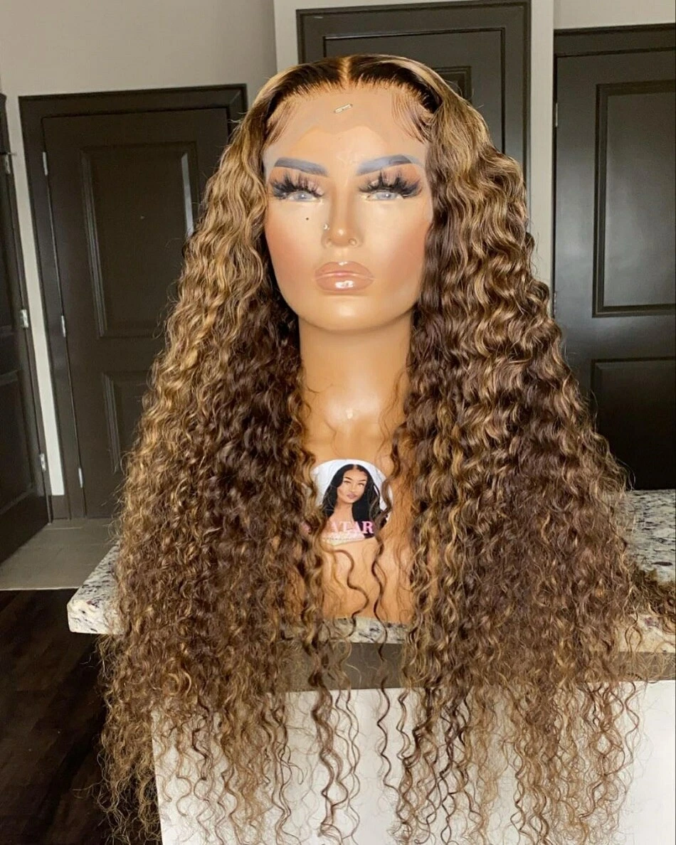 Water Wave Highlight Ombre Lace Front Wig Curly Human Hair
