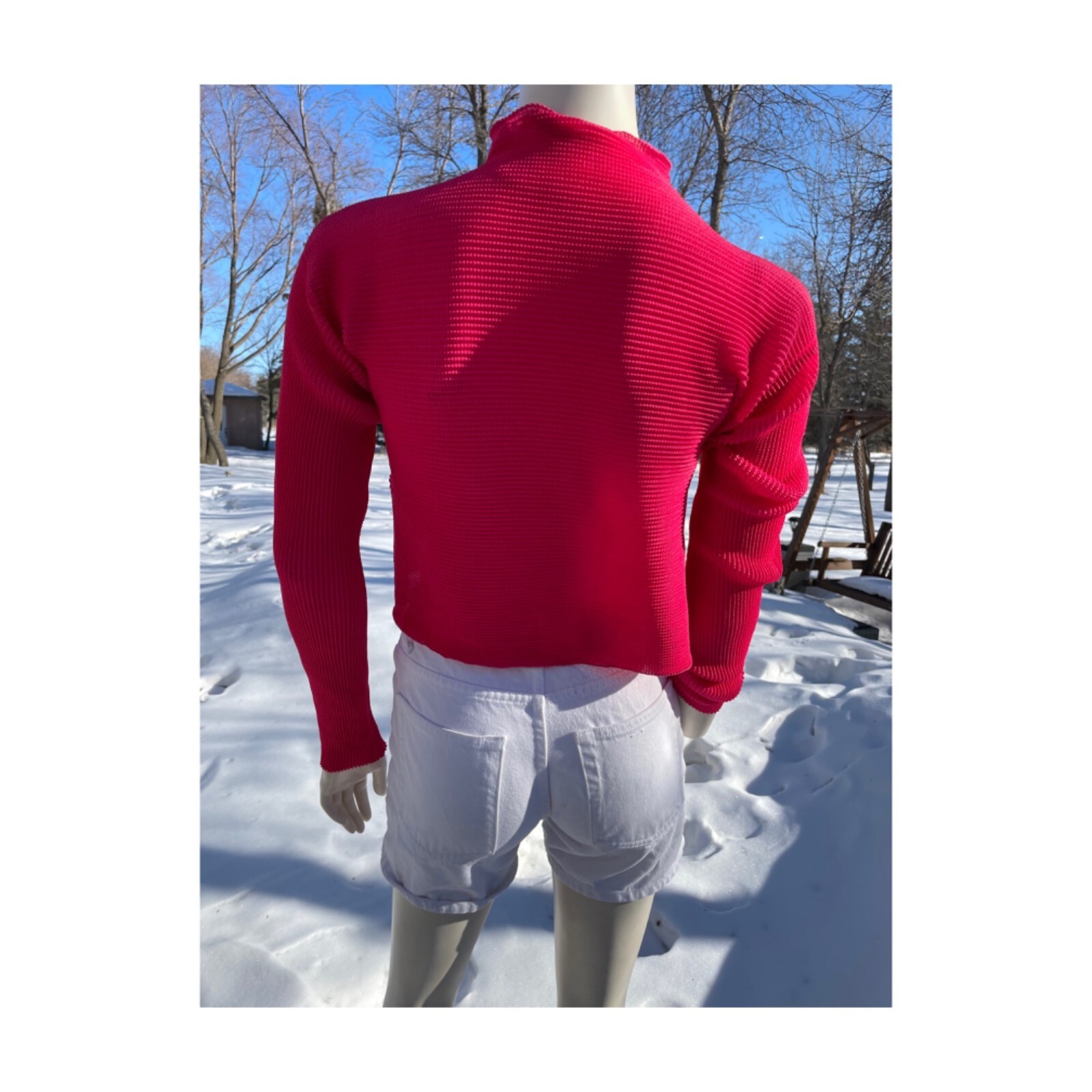 90s Holt Renfrew Crop Top Waffle Knit Red Pink Mock Neck Long Sleeve Sz L