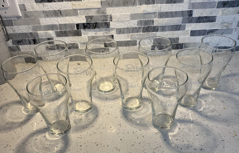 Juego de 10 vasos transparentes vintage ENJOY COCA-COLA/COKE, logotipo blanco 6" Foto 2 de 4