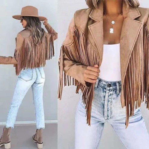 Damen Moto Biker Jacke Chic Cropped Quaste Fransen Kurz Dekor Mantel - Bild 6 von 28