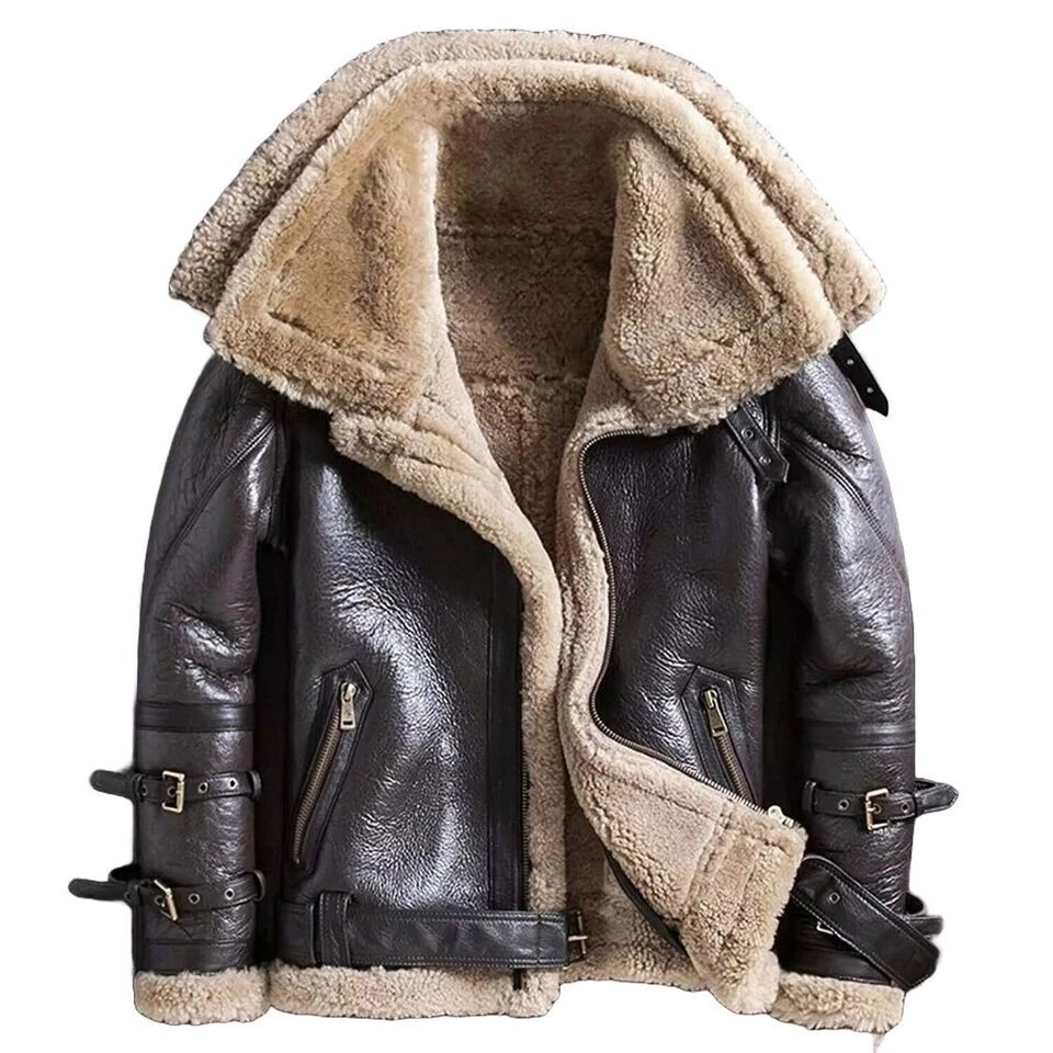 Men's B3 RAF Aviator Sheepskin Leather Bomber Jacket Double Collar Coat