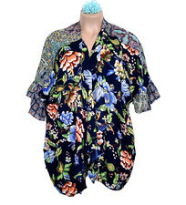 Umgee Women Kimono Cardigan 1X Blue Floral Boho Open Front Mixed Print Ruffle