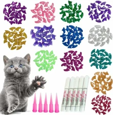 100Pcs Cat Nail Caps Glitter Cat Paw Covers Kitten Nail Caps Pet Tips with Adhes