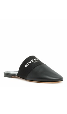 NIB NEW Givenchy Bedford Black metallic logo leather mules 36.5