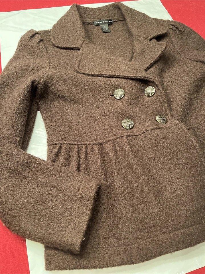 Chaqueta Elena Solano LANA MARRÓN Doble Pecho 4 Botones Frontal Peplum Volantes Trabajo Foto 2 de 4