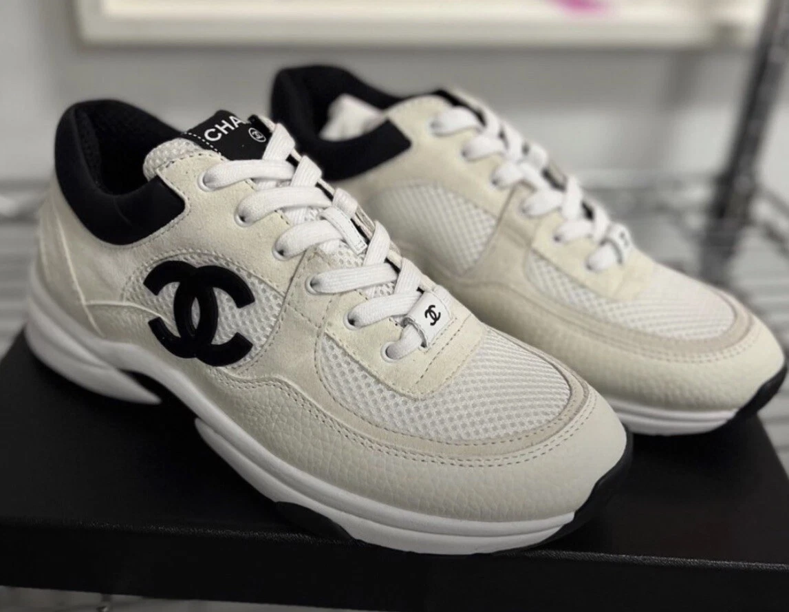 Chanel White Black CC Logo Runner Trainer Sneaker, 38.