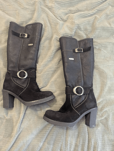 Vintage Pajar Women's Size 6 Black Leather Buckled Heeled Knee High Boots
