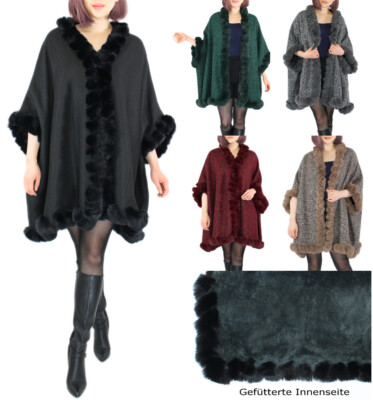 Damen Poncho Umhang Mantel Jacke mit Innenfutter und Kunstfell
