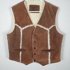 Vintage Brown Suede Leather Shearling Vest Mens L Western Chore Cowboy