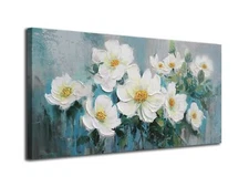 Ardemy White Flowers Wall Art Canvas Magnolia Teal Floral 3D Thick Textured P...