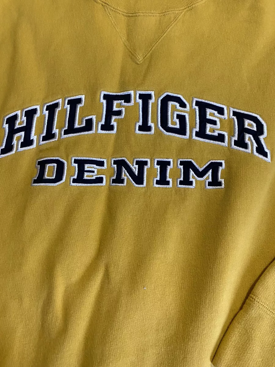 90s Vintage Tommy Hilfiger Denim Spell Out Yellow Crewneck Sweatshirt Large