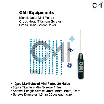 Maxillofacial 10Pcs Mini Plates & 80Pcs Titanium Screws 1.5mm And Screw Driver