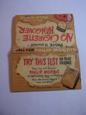 cigarettes hangover Matchbook Cover LG Philip Morris Cigarettes No Cig Hangover Mascot Photo  #280-2