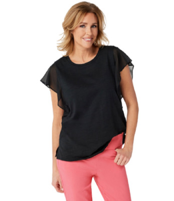  Belle by Kim Gravel Slub Knit Flutter Sleeve Top-Black-Small A350467 NEW