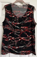 JONES STUDIO SEPARATES WOMENS SIZE L Pleated Black Red Belt Print TANK BLOUSE