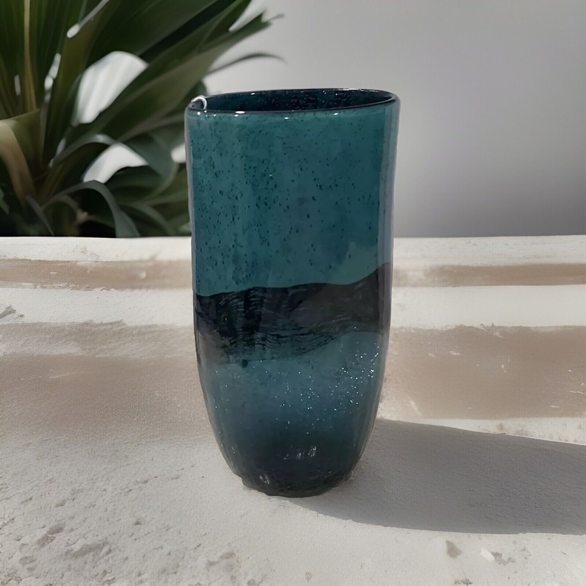 NWT MCM TAG Brand Glass Blue Ombre Vase Clear Crackle Speckled