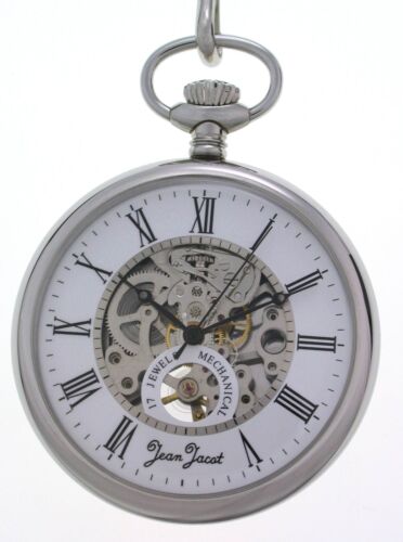 Jean Jacot Stainless Steel Lepine Skeleton Pocket Watch+Chain Hand Wound