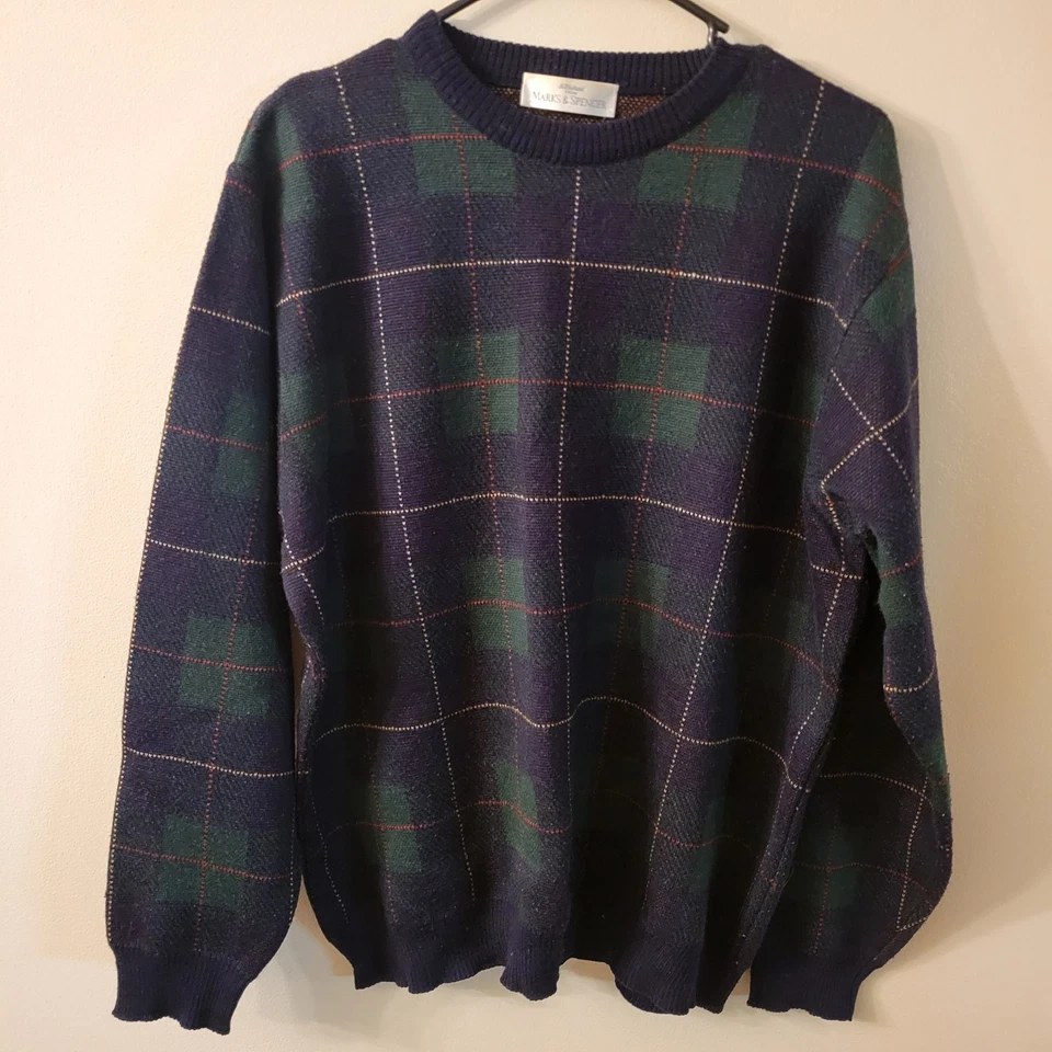 Свитер St Michael Mark & Spencer средний размер темно-синий шерстяная смесь тартан RLL Core винтажный - Изображение 2 из 4