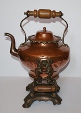 Large Antique Victorian Copper Kettle with Wooden Handle on Pouring Stand