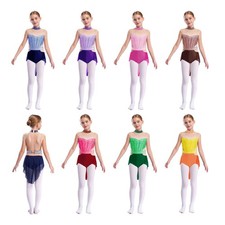 Kids Girls Dancewear Latin Bodysuit Ballet Dress Shiny Leotard Skirted Costume