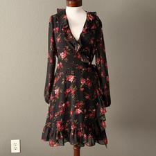 Nine West Black multi color Floral Ruffled Wrap Dress Sz 12 Fall Cottage Core