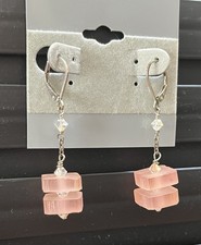Sterling Silver Australia Crystal  Rectangular Pink Sea Glass Artisan Earrings