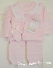 NWT Will'beth Pink Knit Welcome 4pc Set Newborn Baby Girls Pom Hat Booties