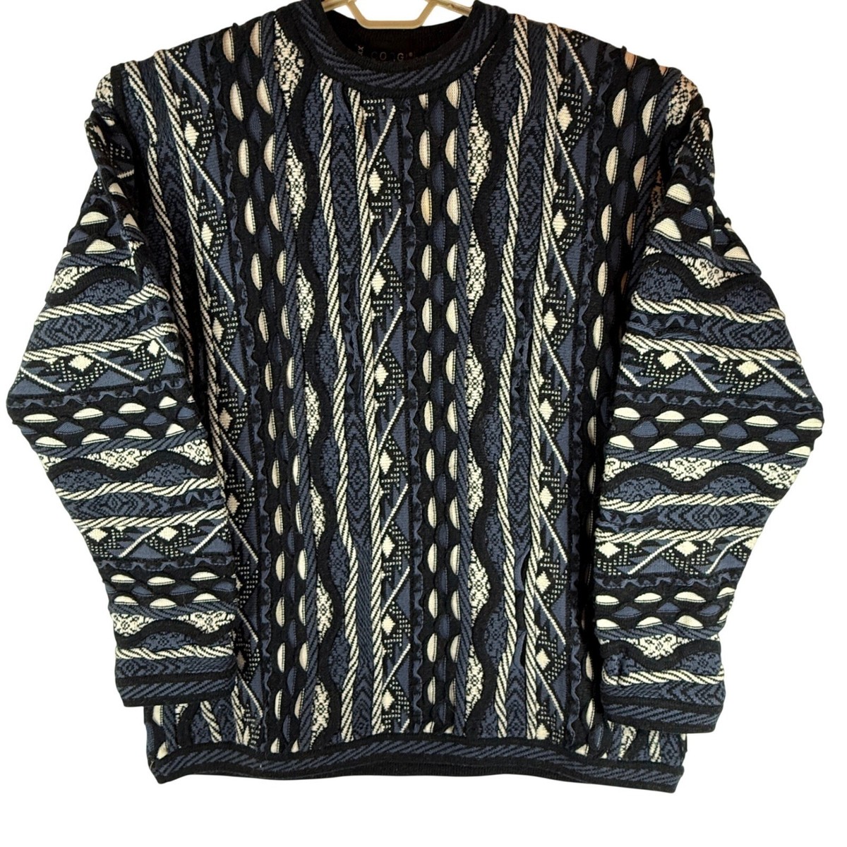 Vintage Coogi Australia Blue Black White 3D Knit Sweater Mens XXL