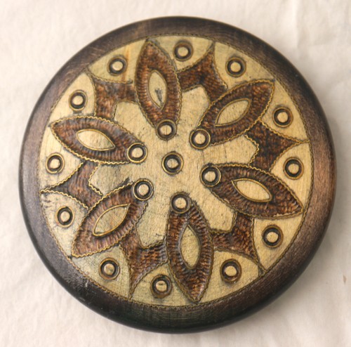 Polish or Romanian Turned Linden Wood Folk Art Trinket Box w Inlaid Brass Cover