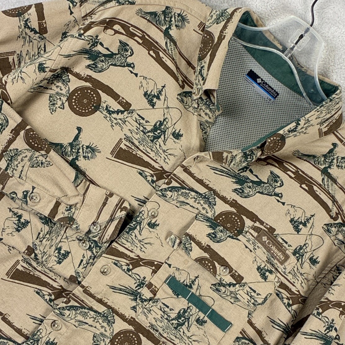 Columbia PFG Flannel Shirt Men L Beige Fishing Hunting Shotg