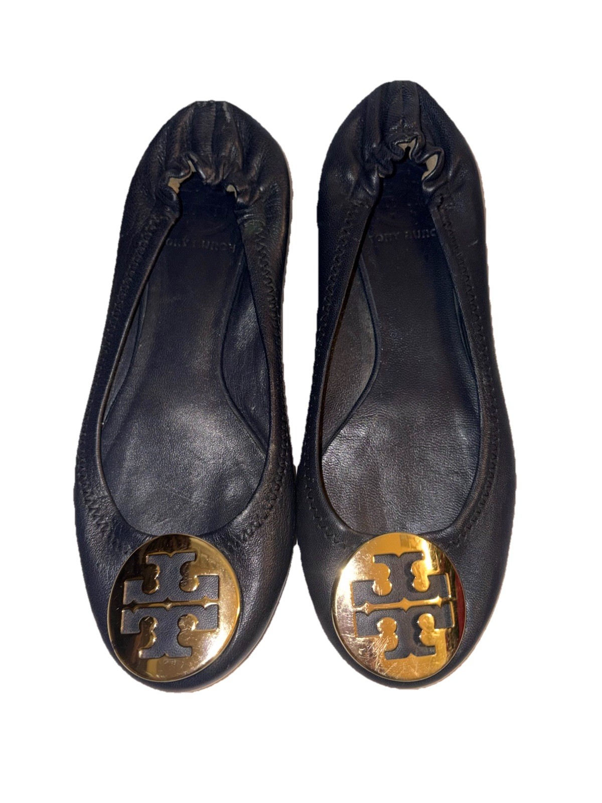 TORY BURCH Reva Navy Blue Leather Ballet Flats Gold Logo Medallion Sz 6 M thumbnail 2