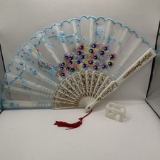 Vintage Peacock Sewn Hand Fan Stitched Embroidered Gold Trim with Tassel